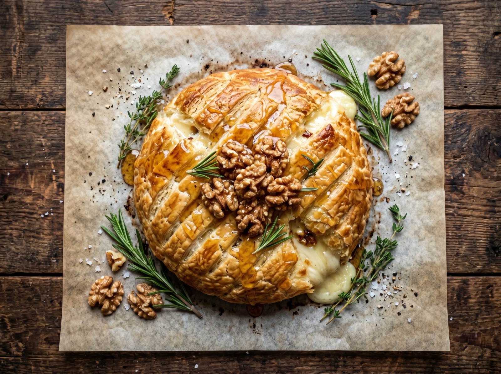 Brie in bladerdeeg met honing en walnoten